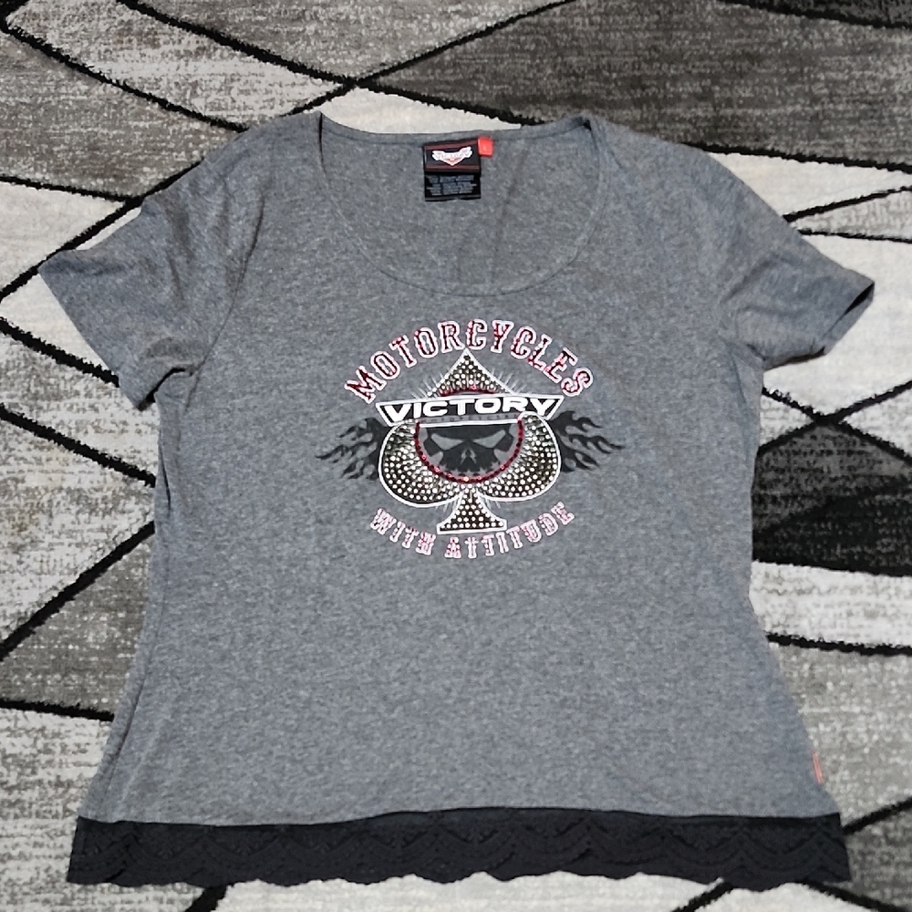 VICTORY MOTORCYCLE RHINESTONES SPADE FLAME SKULL BLK LACE TRIM TEE-SHIRT